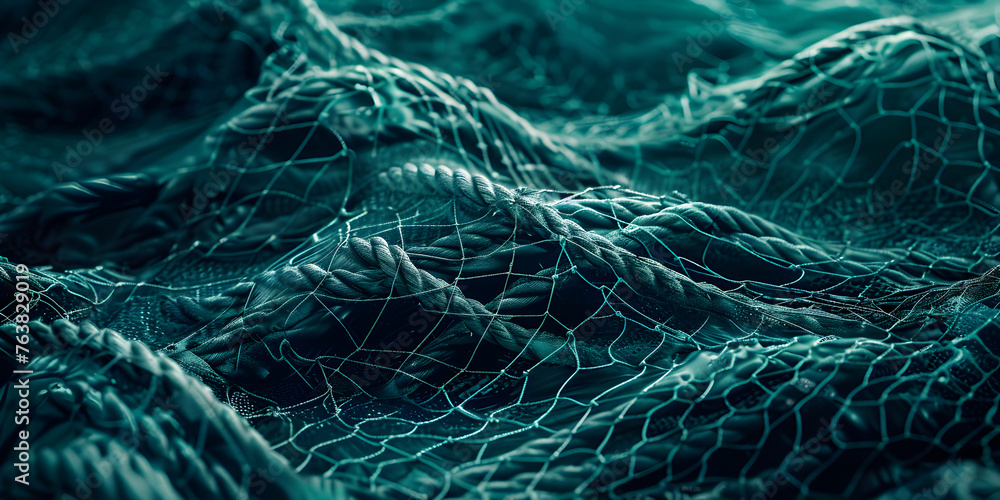 3d rendered green topographic wireframe. mountain grid. A green fishing net is wrapped in a blue cloth.

 - obrazy, fototapety, plakaty 