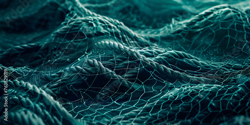 3d rendered green topographic wireframe. mountain grid. A green fishing net is wrapped in a blue cloth.