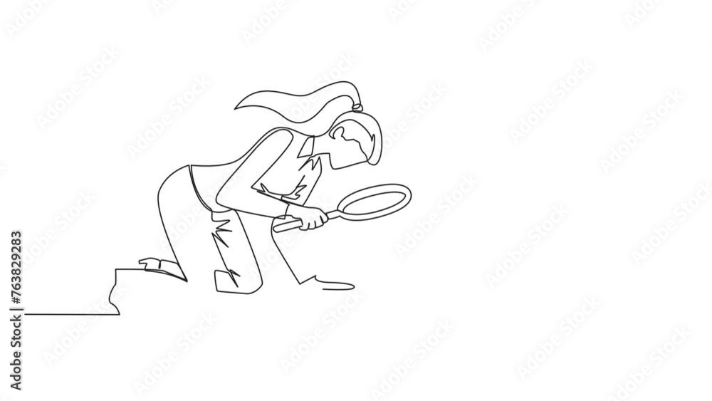 Self drawing animation of single one line drawing of businesswoman holding magnifying glass highlights a coin dollar symbol. Collecting every coin from profits is valuable. Full length animated. Self drawing animation of single one line drawing of businesswoman holding magnifying glass highlights a coin dollar symbol. Collecting every coin from profits is valuable. Full length animated.