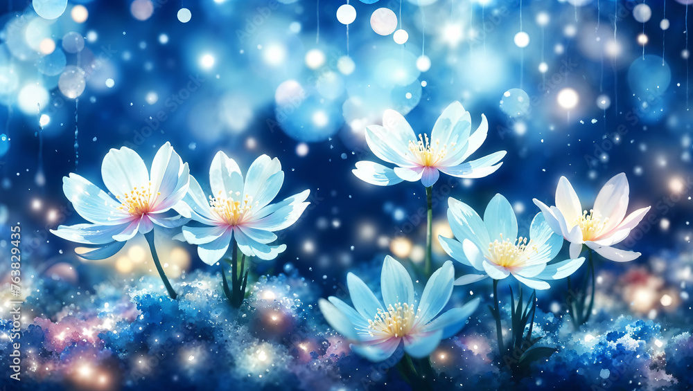 Magical radiant blue cosmos flowers glowing at night, spring season botanical beauty - artistic background wallpaper design in the style of watercolor art. Magical radiant blue cosmos flowers glowing at night, spring season botanical beauty - artistic background wallpaper design in the style of watercolor art.