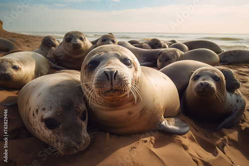 seals on a beach - Helgoland, Germany photo