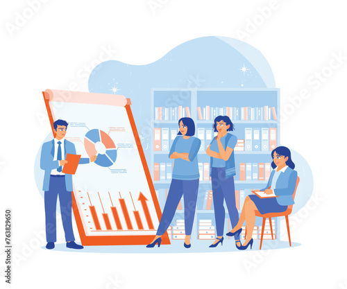 Businessman leading business conference for marketing team. Discuss marketing strategies with graphs and charts. Business Seminar & Webinar concept. Flat vector illustration.