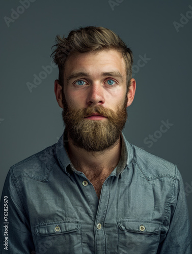 Close-up portrait of a bearded man with striking blue eyes, wearing a denim shirt against a grey background photo