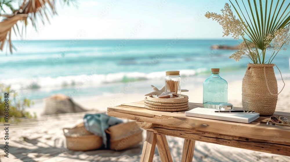Obraz premium Beach Background With Accessories On Wooden Table with copy space.