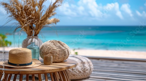 Beach Background With Accessories On Wooden Table with copy space.