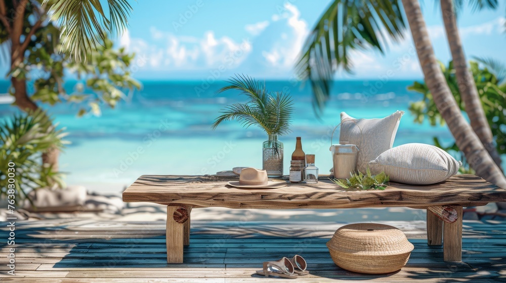 Obraz premium Beach Background With Accessories On Wooden Table with copy space.