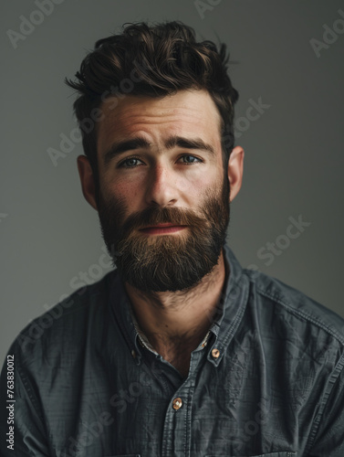 Fotografie An artistic portrait of a bearded man with a stylish haircut and a charismatic l
