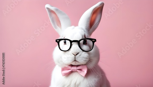Cute white bunny rabbit Easter in an isolated pink background for gift card