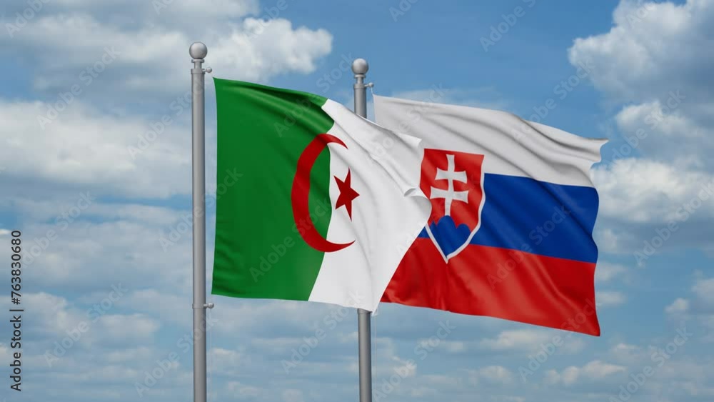 Slovak Republic or Slovakia and Algeria two flags waving together, looped video, two country cooperation concept Slovak Republic or Slovakia and Algeria two flags waving together, looped video, two country cooperation concept