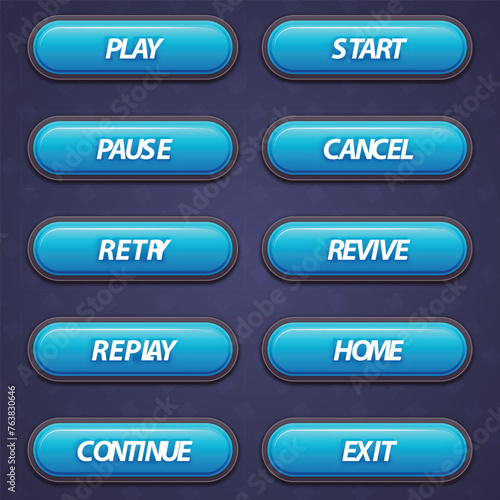 Blue word-labeled command buttons for gaming interfaces, meant for intuitive and straightforward interaction