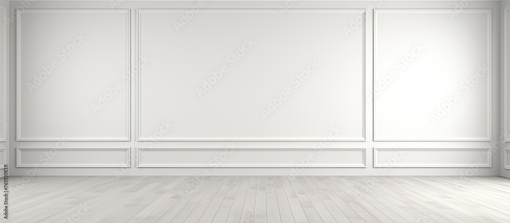 A rectangular room with white walls, hardwood flooring in a classic wood stain, and a simple door. The floor has a natural pattern and is not laminate flooring - obrazy, fototapety, plakaty 