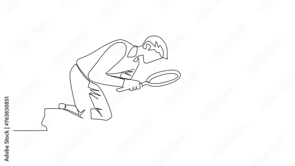 Animation of one line drawing of single continuous line drawing of businessman holds magnifying glass highlighting stars. The high star is the ultimate goal of the business level. Full length motion Animation of one line drawing of single continuous line drawing of businessman holds magnifying glass highlighting stars. The high star is the ultimate goal of the business level. Full length motion