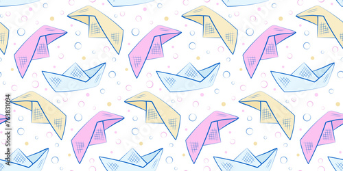 Seamless pattern of colored boats with geometric shapes on white background. Vector cute background in flat style for design layouts, posters, social networks, textiles, travel