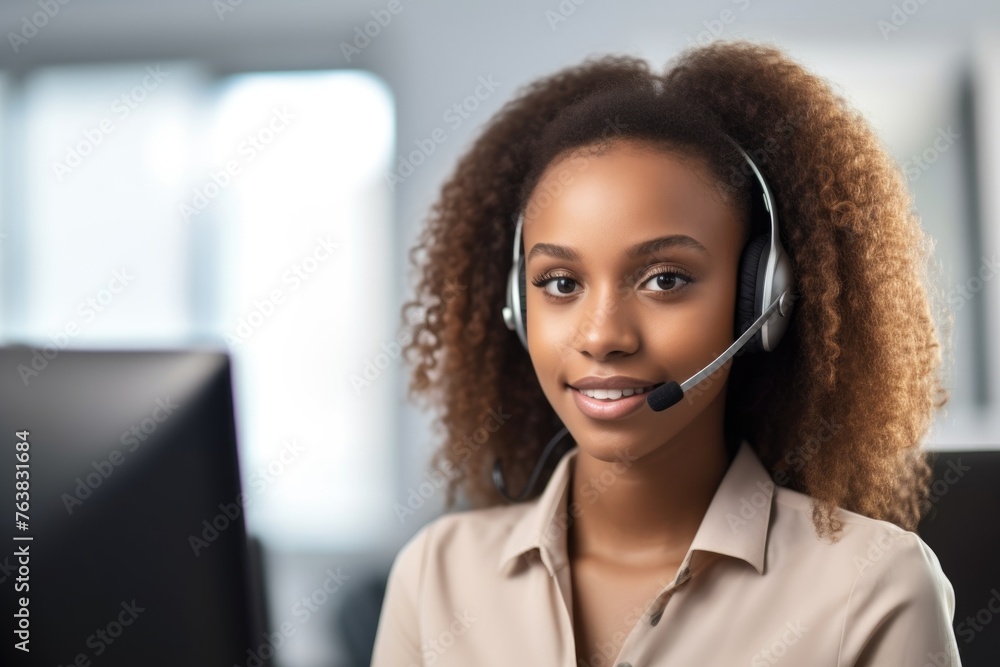 portrait of a confident young woman working in a call centre - obrazy, fototapety, plakaty 