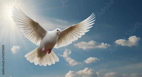 Bird in clouds. Flying white pigeons in blue sky peaceful religion concept with realistic birds vector background generative ai 