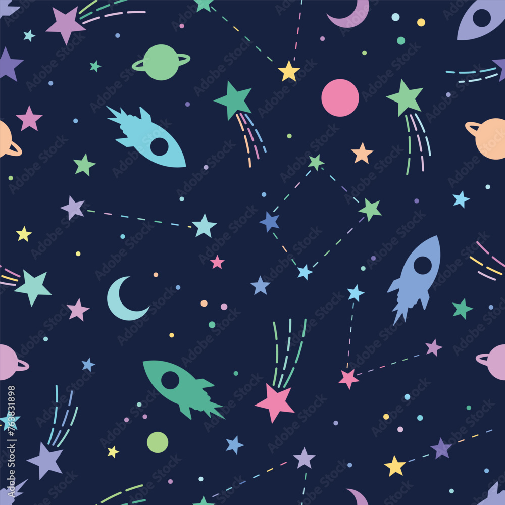 Cute galaxy pattern for kids, universe or space seamless repeating pattern, flat retro style star illustrations and rockets, vector wallpaper Cute galaxy pattern for kids, universe or space seamless repeating pattern, flat retro style star illustrations and rockets, vector wallpaper