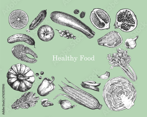 Healthy Food. Hand-drawn illustration of Food. Ink. Vector	
