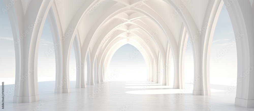 Capture of serene arafed archways in a bright white room contrasted by a blue sky background
