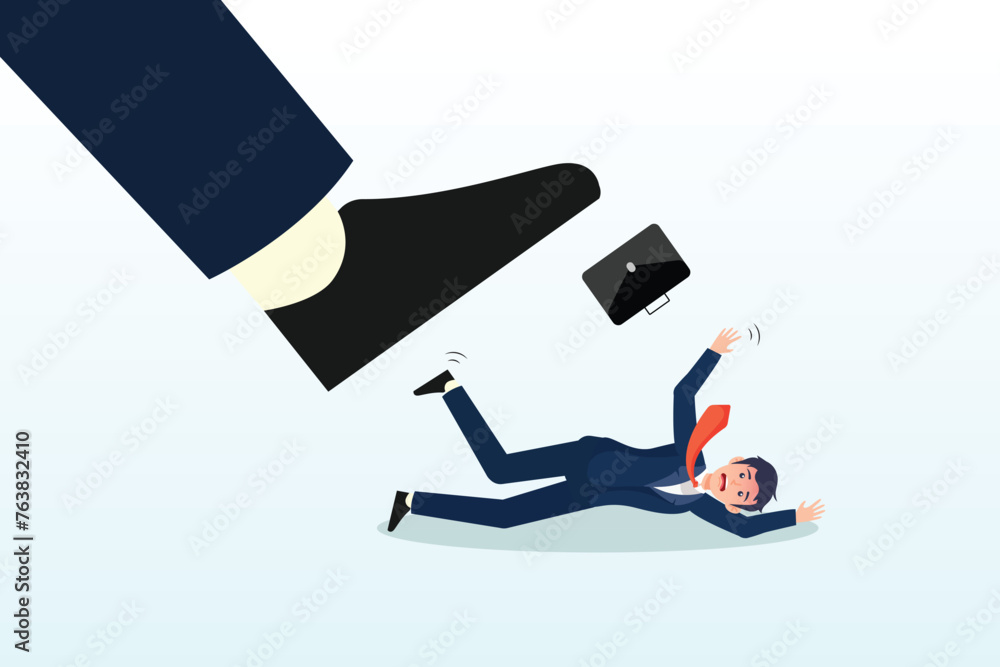 Violence boss put his giant feet on fearful businessman harassment victim, workplace harassment, abuse or office violence, colleagues bullying or discrimination, bossy manager or aggression (Vector) Violence boss put his giant feet on fearful businessman harassment victim, workplace harassment, abuse or office violence, colleagues bullying or discrimination, bossy manager or aggression (Vector)