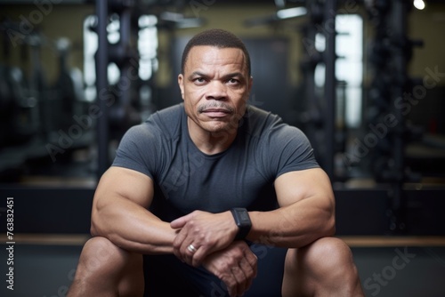 portrait of a man sitting with his arms crossed in a gym