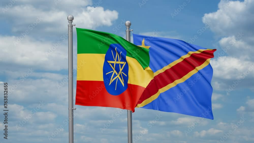 Democratic Republic of the Congo and Ethiopia two flags waving together, looped video, two country relations concept Democratic Republic of the Congo and Ethiopia two flags waving together, looped video, two country relations concept