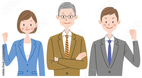 ガッツポーズする会社員　仕事仲間　チームワーク　上司