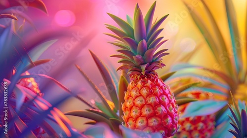 Fresh pineapple display against a vibrant backdrop, showcasing tropical fruit with flair , super detailed © ontsunan