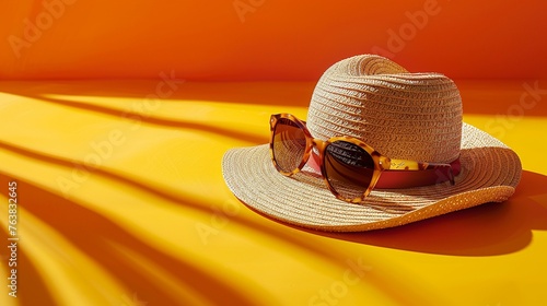 Summer accessories, straw hat, and sunglasses ready for an outing, set against a bright background , Prime Lenses © ontsunan