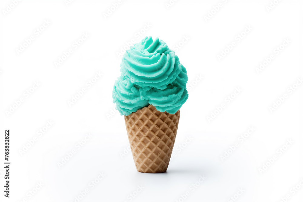 ice cream turquoise color one in cone waffle checkered cup, isolated on white background ice cream turquoise color one in cone waffle checkered cup, isolated on white background