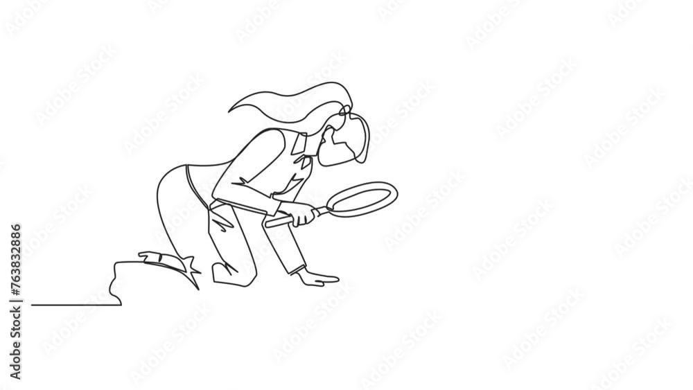 Animation of one line drawing of single continuous line drawing businesswoman looked down to examine the trap of the animal and in the middle there a banknote with magnifier. Full length motion Animation of one line drawing of single continuous line drawing businesswoman looked down to examine the trap of the animal and in the middle there a banknote with magnifier. Full length motion