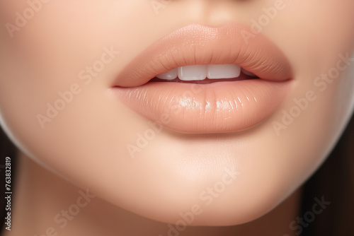 women s lips in close-up painted with bright beige color thick lipstick