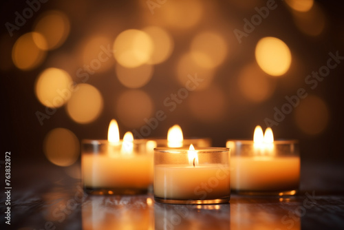 candles beige color with flickering flames, dark blurred background, selective focus