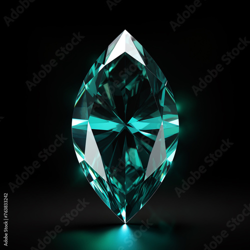 faceted turquoise crystal fusiform transparent  polished, black background, precious stone photo
