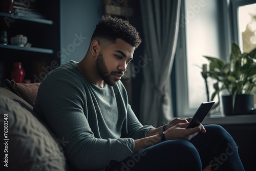 shot of a young man using a tablet at home