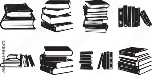 Stacks of books in black and white illustration symbolizing knowledge, education, and literature © Aleksandar