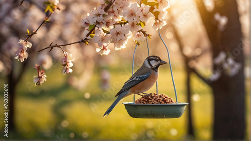 Cute little bird eating from bird feeder hanging in the garden photo