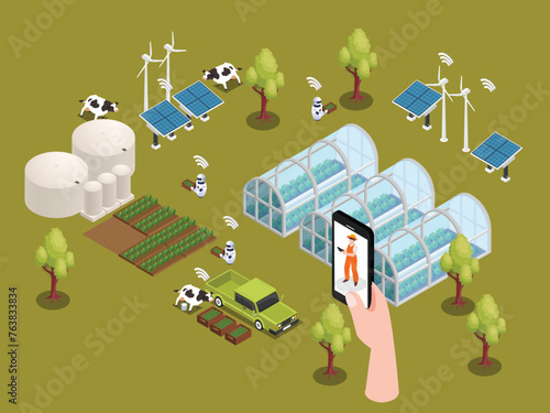 Modern Smart Farm with a human hand holding on a digital device