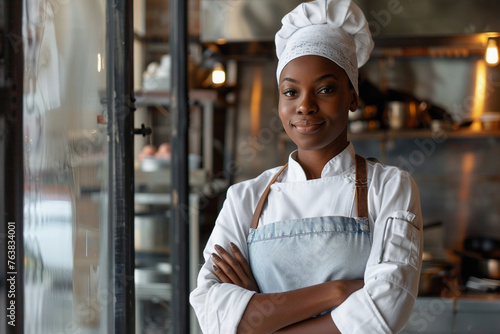 A Portrait of a beautiful smiling African American female chef standing with arms crossed in a professional kitchen, looking at the camera and posing for a photo while working in the style of a bakery