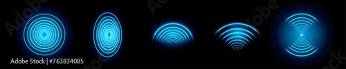 3D Wi-Fi light effect. Wireless networking with a wave effect collection. Glowing blue signal wifi, sensor, radar, and round circle waves wireless technology concept. Transparent neon circle wireless 