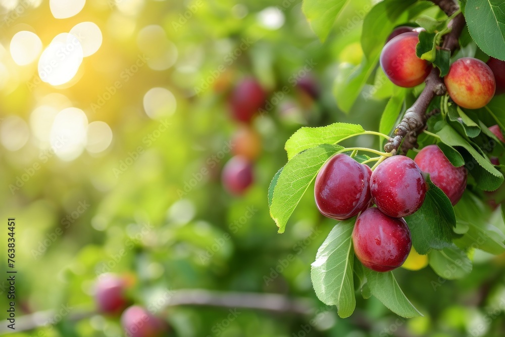 Ripe plums growing on trees in orchard, background with space for text, copy space, generative AI Ripe plums growing on trees in orchard, background with space for text, copy space, generative AI