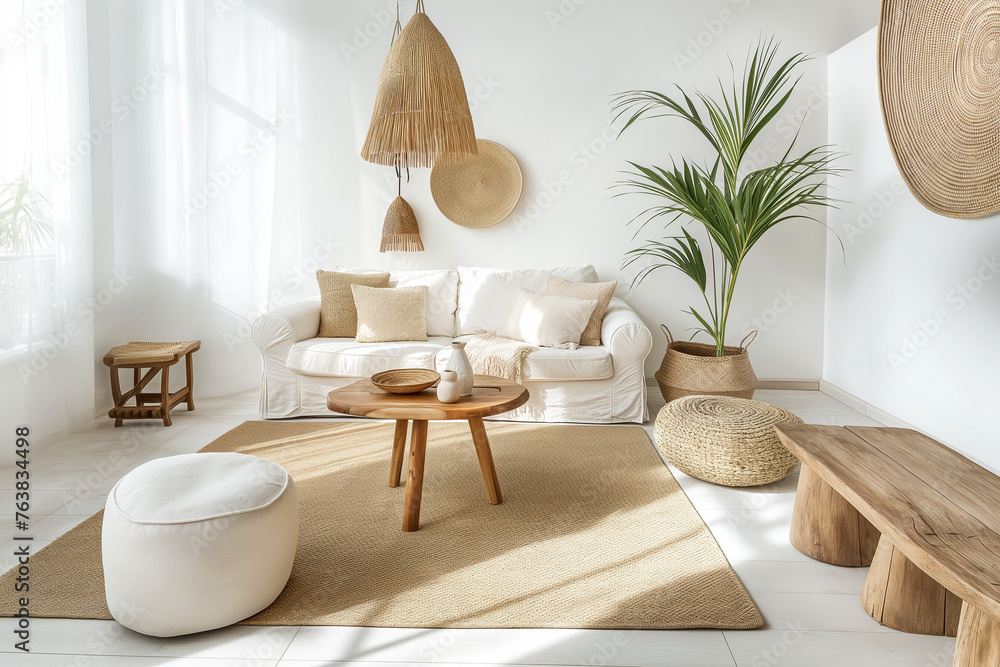 Minimalist living room interior with a white sofa, a wooden coffee table and natural decor. Scandinavian home design concept in the style of Scandinavian design.