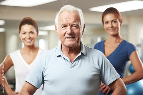 portrait of a mature male physiotherapist with two female colleagues in the background