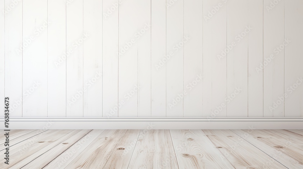 Naklejka premium Empty room interior made of old grunge white plaster concrete wall and brown wooden floor, used as backdrop, backdrop or design element in architecture concept