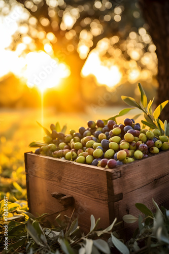 Olives harvested in a wooden box in a plantation with sunset. Natural organic fruit abundance. Agriculture, healthy and natural food concept. Vertical composition.