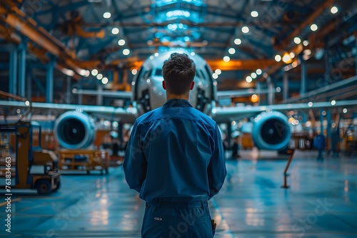 Worker follows precise protocol for aircraft maintenance at MRO facility. Concept Aircraft Maintenance Procedures, MRO Facility Operations, Precision in Work, Safety Measures, Industry Standards photo