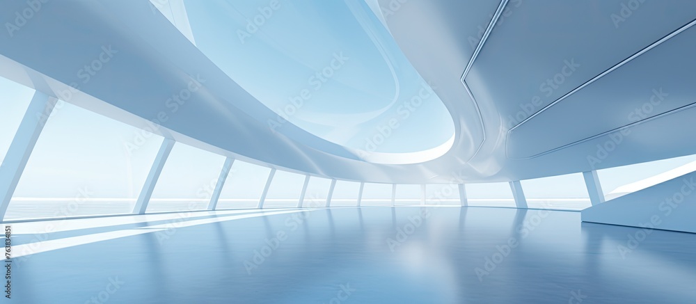 A detailed image showing a close-up view of a large room with a wide panoramic window offering a clear view of the sky