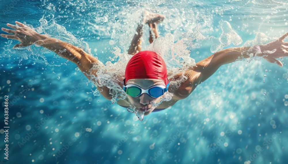 Swimmer with Aerial View, Aerobic Swimmer, Healthy Sport, Professional Swimming Athlete