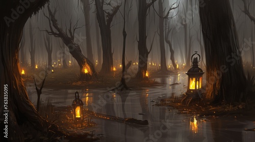 Mysterious lanterns glow warmly in a misty, enchanted swamp setting. The eerie light casts long shadows among the twisted trees, suggesting a magical or haunted atmosphere.