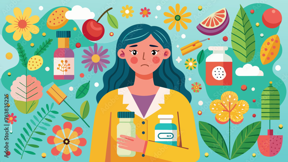 a vivid illustration of a woman with allergies to pollen, citrus fruits, berries. sad facial expression, redness, skin rash, poor health. Seasonal disease. allergy pills in your hands a vivid illustration of a woman with allergies to pollen, citrus fruits, berries. sad facial expression, redness, skin rash, poor health. Seasonal disease. allergy pills in your hands