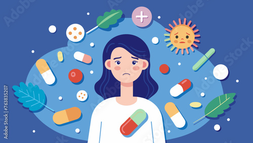 a vivid illustration of a woman with allergies to pollen, citrus fruits, berries. sad facial expression, redness, skin rash, poor health, nasal congestion, runny nose. Seasonal disease. allergy pills 